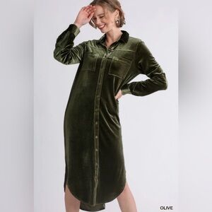 Umgee Velvet Button Down Dress in Olive Sz Small New with Tag